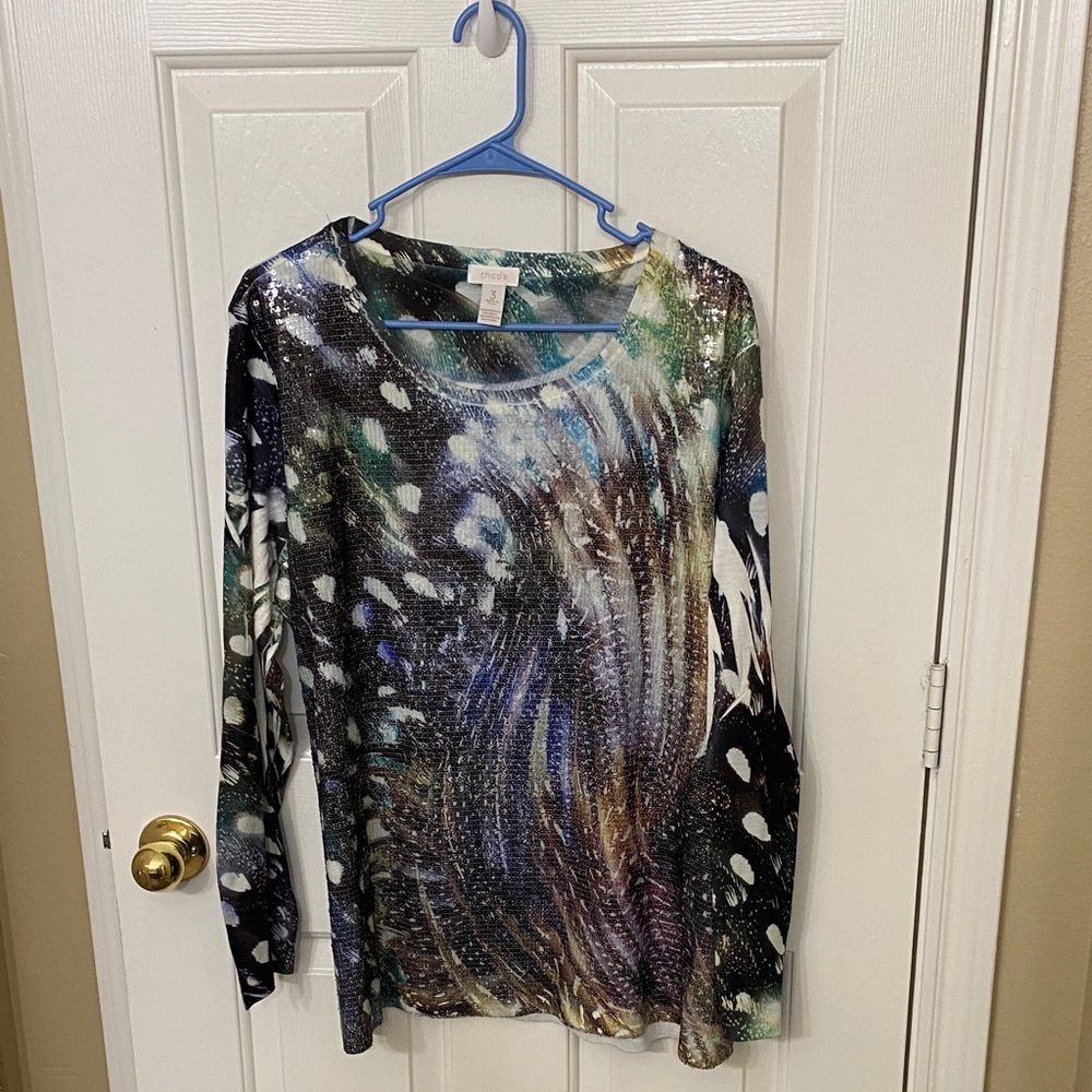 Chico's Dressy Multicolor Abstract Long sleeve Top with Sequins- Size 3